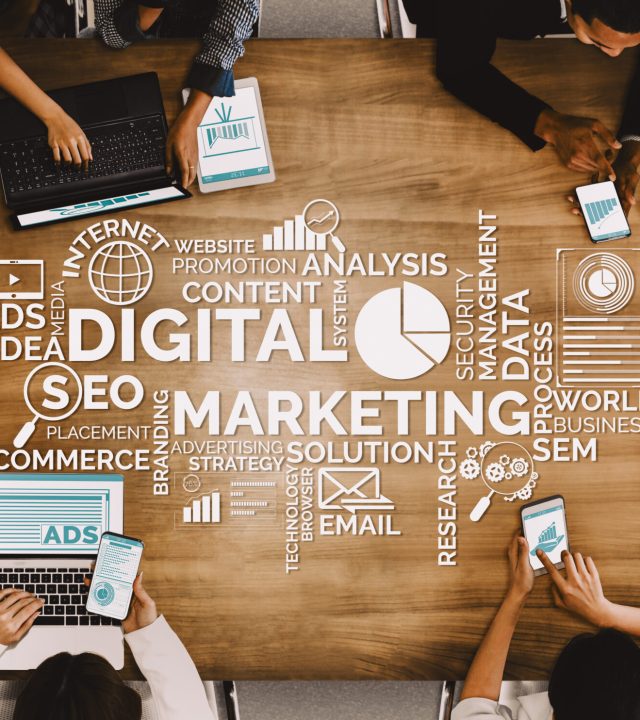 Digital Marketing Technology Solution for Online Business Concept - Graphic interface showing analytic diagram of online market promotion strategy on digital advertising platform via social media. uds